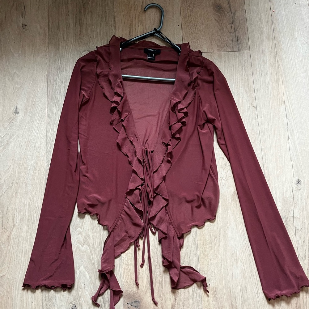 Elegant Burgundy Ruffle Tie-Front Top